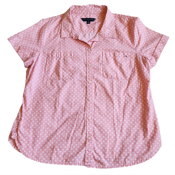 Tommy Hilfiger XL pink short sleeve white polka dot button-down shirt - Picture 1 of 8